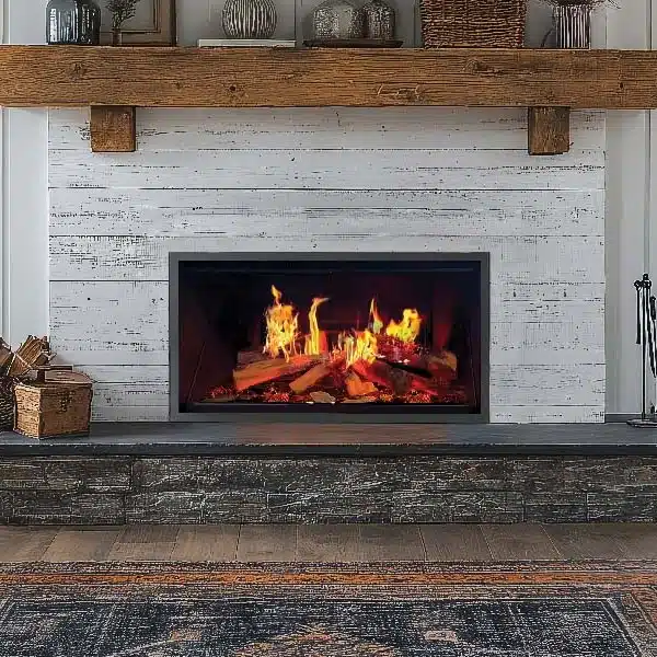 Cozy wood-burning fireplace with rustic mantel