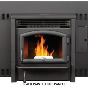 Black pellet stove with painted side panels and flames